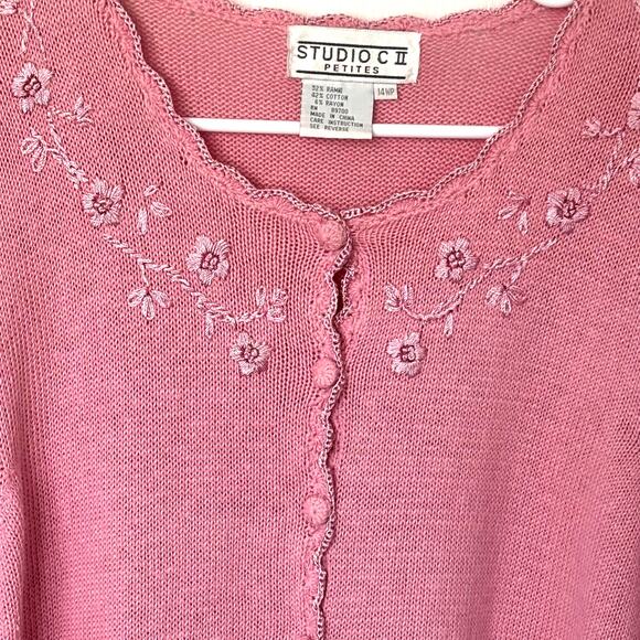 Vintage Studio II Petites Wms 14P Short Sleeve Pink Sweater Embroidered Flowers - Picture 4 of 9